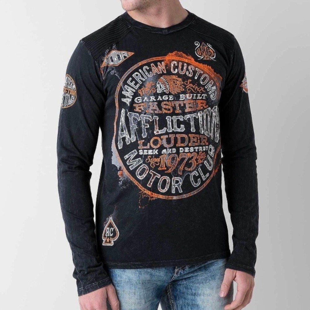Affliction American Customs Thermal Shirt Mens XL Black Moto‎ Graphic Distressed
